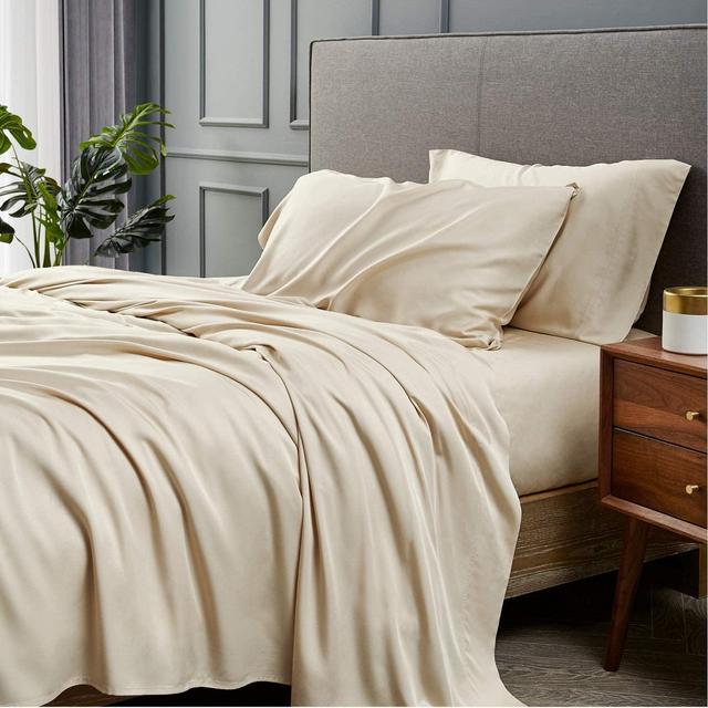 Bedsure 100% Bamboo Sheets King Size Cooling Sheets Deep Pocket Bed Sheets-Super Soft Breathable - 4 Pieces 1 Fitted Sheet with 16 Inches, 1 Flat Sheet, 2 Pillowcases-Beige