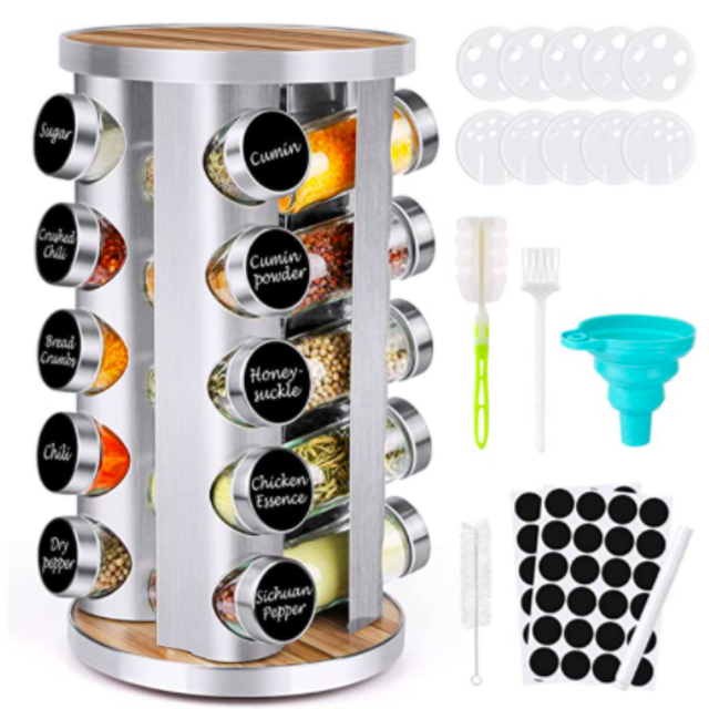Spice Rack Organizer with Jars for Cabinet (20Pcs) Rotating Seasoning Organizer, Stainless Steel/Wooden Countertop Rack Tower Organizer for Kitchen Pantry with Reusable Labels & Funnel & Cup Brush