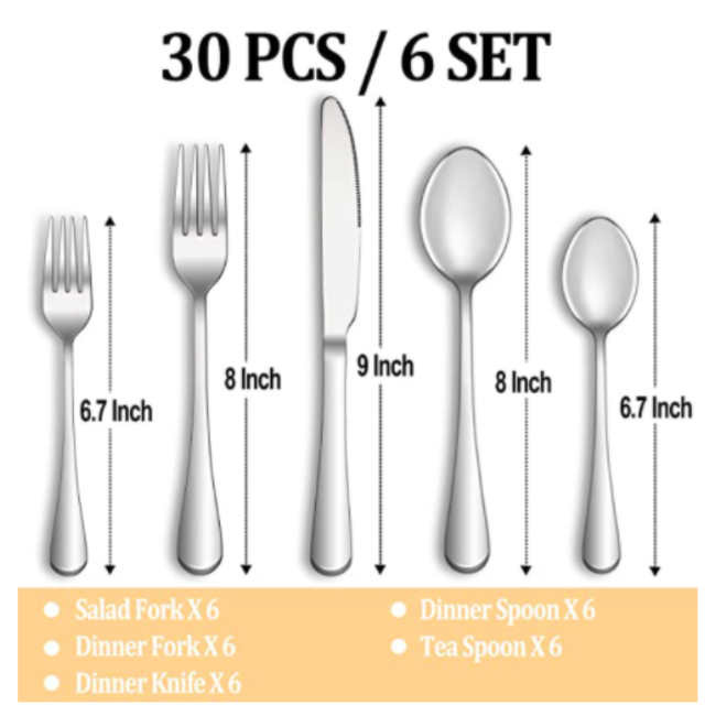30 Piece Silverware Set Service for 6,Premium Stainless Steel Flatware Set,Mirror Polished Cutlery Utensil Set,Durable Home Kitchen Eating Tableware Set,Include Fork Knife Spoon Set,Dishwasher Safe