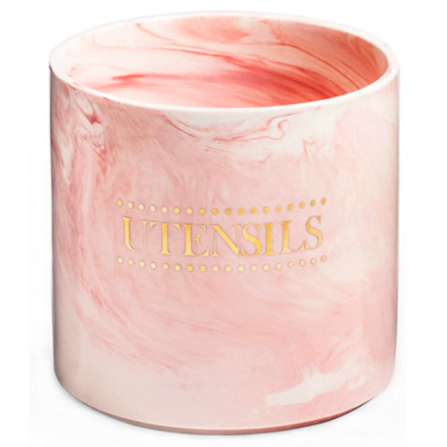 Kitchen Porcelain Utensil Holder for Countertop, Large Ceramic Crock, Modern Farmhouse Decor Utensil Caddy, Marble Kitchen Organizer for Cooking Tools, Pink