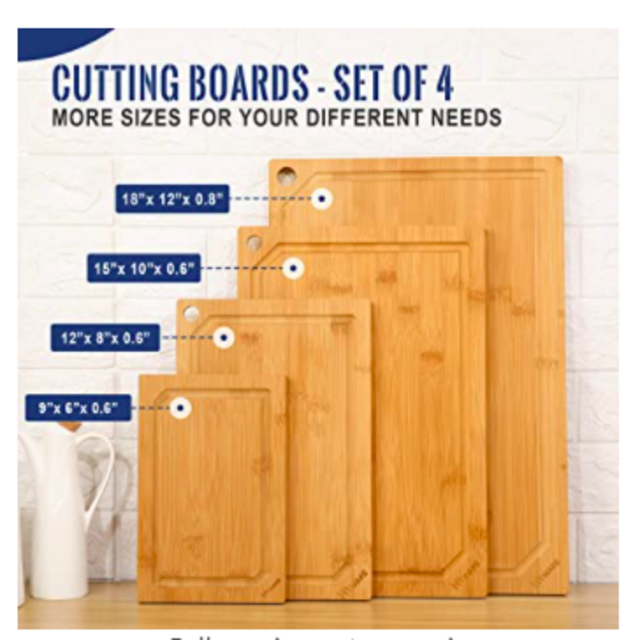 Hiware 4-Piece Bamboo Cutting Boards for Kitchen, Heavy Duty Cutting Board with Juice Groove, Bamboo Chopping Board Set for Meat, Vegetables - Pre Oiled, Extra Large