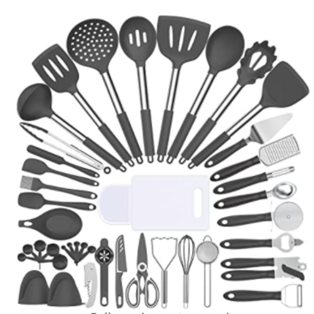 Silicone Cooking Utensil Set, Umite Chef 43 PCS Heat Resistant Kitchen Utensil Gadgets Set-Stainless Steel Handle- Kitchen Spatula Tools for Nonstick Cookware, Pots and Pans Accessories(Grey)
