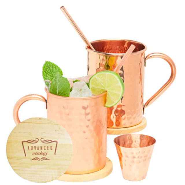 Advanced Mixology Authentic Moscow Mule Copper Mugs Set of 2 (16oz) | Cylinder-Shaped 100% Copper Cups Set w/ 2 Straws, 2 Wooden Coasters & 1 Shot Glass | Tarnish-Resistant Food Grade Lacquer Coat