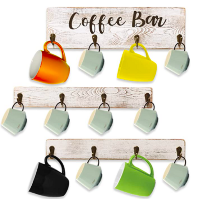 Coffee Mug Holder, Rustic Wall Mounted Coffee Mug Rack, Wood Tea Cup Organizer with 12 Coffee Cup Hangers for Kitchen Storage (White)