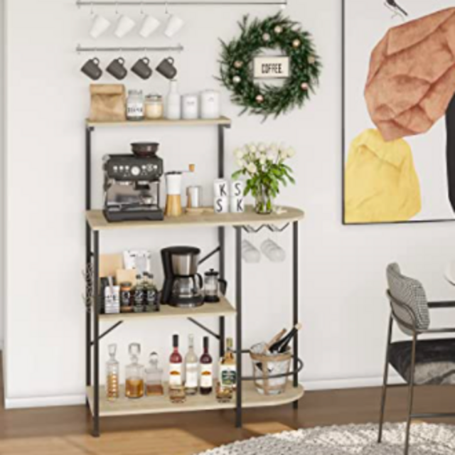 Bestier Kitchen Baker's Rack with Storage and Wine Glass Holder Microwave Oven Stand Utility Storage Shelf with Hutch Kitchen Rack Organizer Coffee Bar Table, Oak