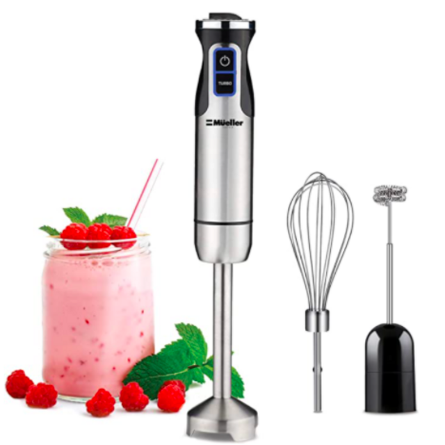 Mueller Austria Ultra-Stick 500 Watt 9-Speed Immersion Multi-Purpose Hand Blender Heavy Duty Copper Motor Brushed 304 Stainless Steel With Whisk, Milk Frother Attachments