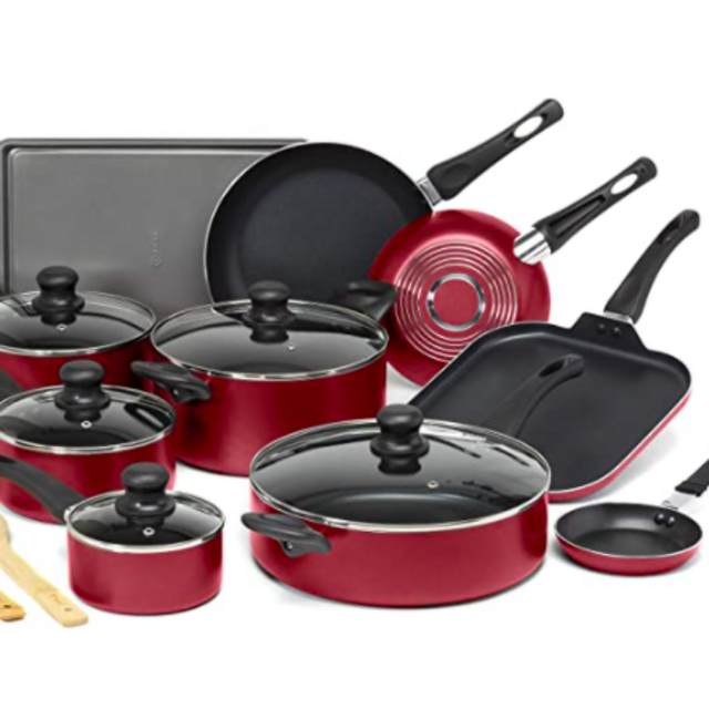 Ecolution Easy Clean Non-Stick Cookware, Dishwasher Safe Pots and Pans Set, 20 Piece, Red