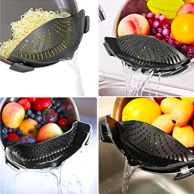 YEVIOR Clip on Strainer for Pots Pan Pasta Strainer, Silicone Food Strainer Hands-Free Pan Strainer, Clip-on Kitchen Food Strainer for Spaghetti, Pasta, Ground Beef Fits All Bowls and Pots - Black