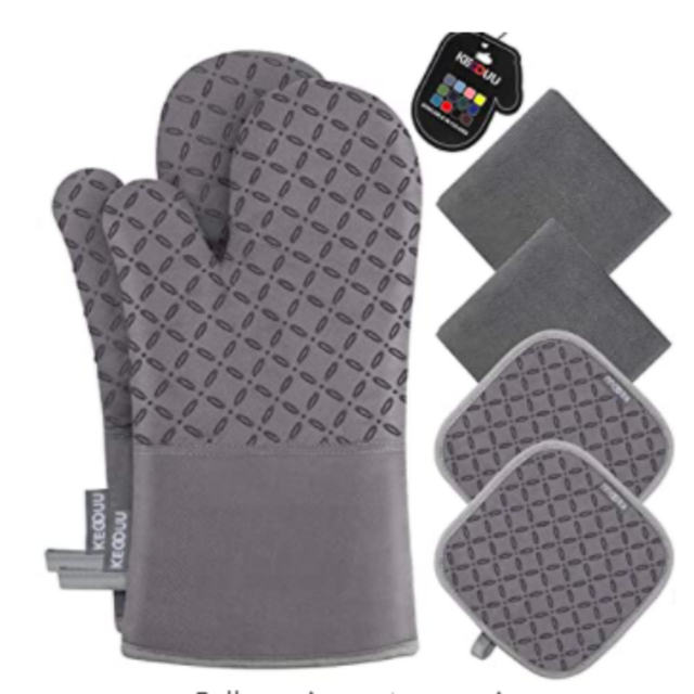 KEGOUU Oven Mitts and Pot Holders 6pcs Set, Kitchen Oven Glove High Heat Resistant 500 Degree Extra Long Oven Mitts and Potholder with Non-Slip Silicone Surface for Cooking (Grey)