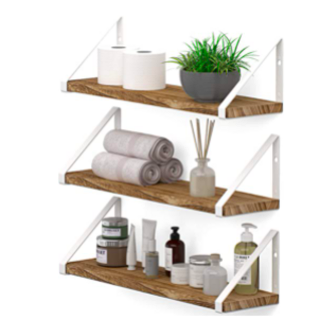 Wallniture Ponza Floating Shelves for Wall Bathroom Shelves Wall Mounted Set of 3, Burned Finish Wood Shelves with White Shelf Brackets