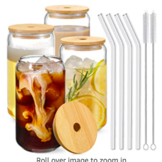 Drinking Glasses with Bamboo Lids and Glass Straw 4pcs Set - 16oz Can Shaped Glass Cups, Beer Glasses, Iced Coffee Glasses, Cute Tumbler Cup, Ideal for Cocktail, Whiskey, Gift - 2 Cleaning Brushes