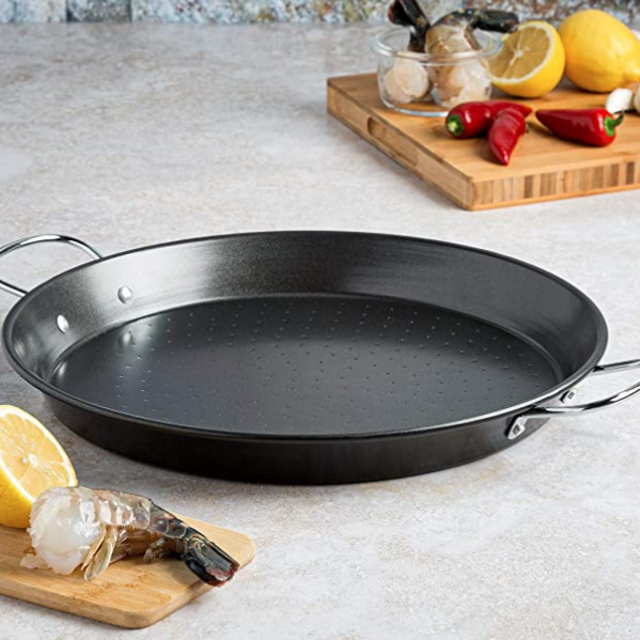 Ecolution Sol Paella Pan – Eco-Friendly PFOA Free Hydrolon Non-Stick – Heavy Duty Carbon steel with Riveted Chrome Plated Handles – Dishwasher Safe – Limited – Black– 15” Diameter