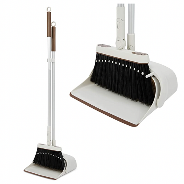 Jekayla Broom and Dustpan Set for Home with 54" Long Handle, Upright and Lightweight Dust pan and Brush Combo for Kitchen Room Office Lobby Floor Cleaning, Brown and Grey