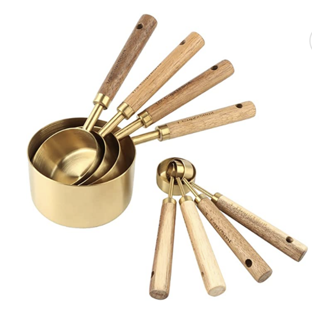 8 Piece Measuring Cups and Spoons Set Stainless Steel Measuring Cups and Spoons with Wood Handle for Dry and Liquid Ingredients(Golden)