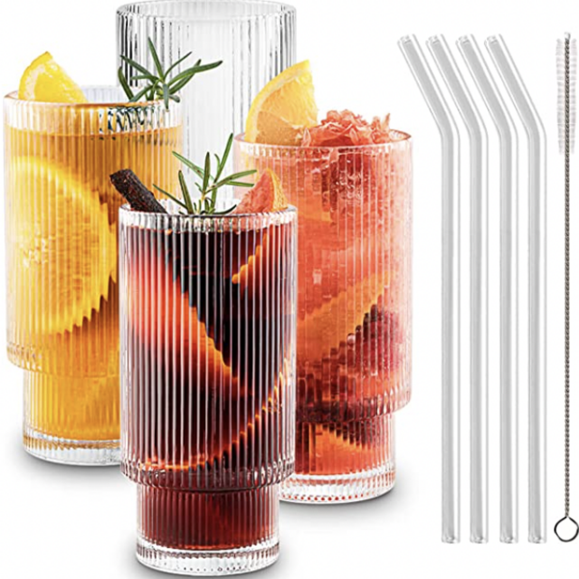 Gracenal Ribbed Glass Cups with Straws - set of 4