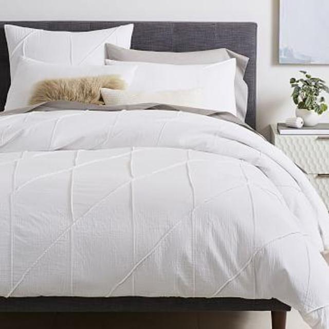 Organic Pleated Grid Duvet Cover, Full/Queen, White