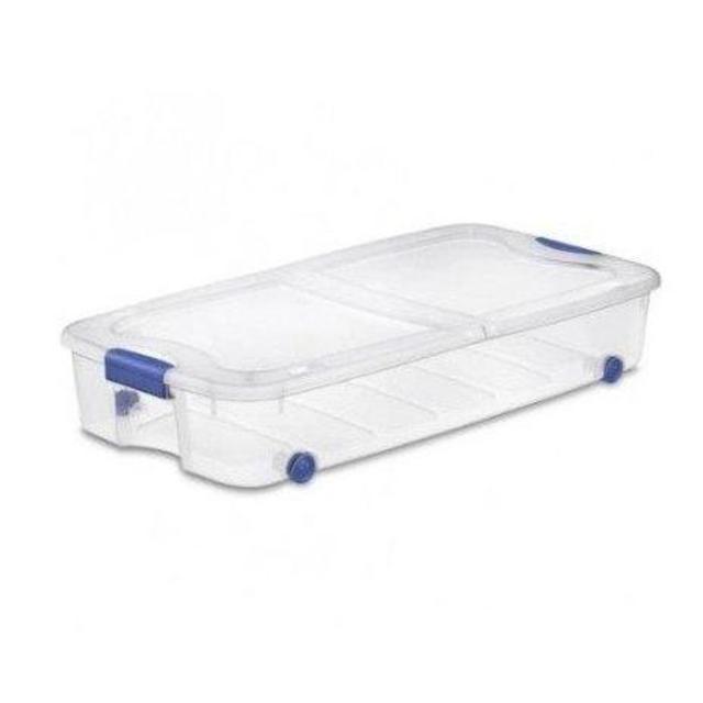 4-Pack Under Bed Plastic Storage Bin Unit Boxes Are Containers For Clothes, Books, Diapers, Shoes, Linen. Office Supplies, Camping, RV, Pantry Foods 66 Quart Capacity