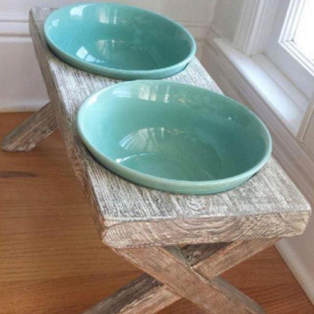 XL raised dog bowl feeder, distressed, reclaimed, whitewashed - TEAL