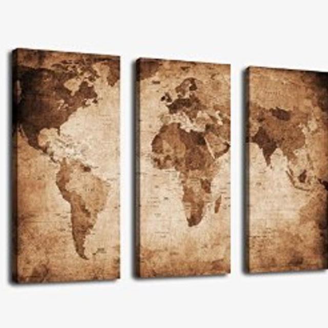 World Map Canvas Prints Vintage Style, 3 Panels Antique Map of the World Wall Art Decor