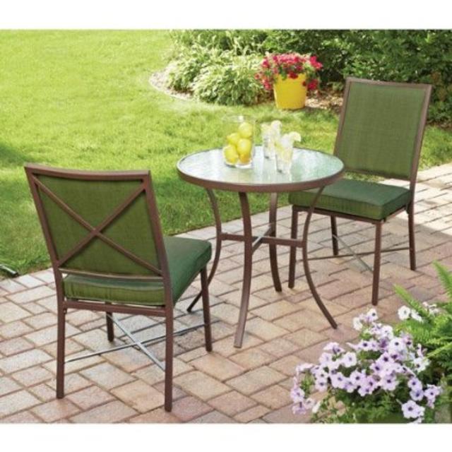 3 Piece Outdoor Bistro Set, Green, Seats 2. This Bistro Set Is a Wonderful Addition for Your Patio Furniture Collection. This Bistro Table Set Features a Durable, Powder Coated Steel Frame. This Patio Bistro Set Adds Style to Your Home.