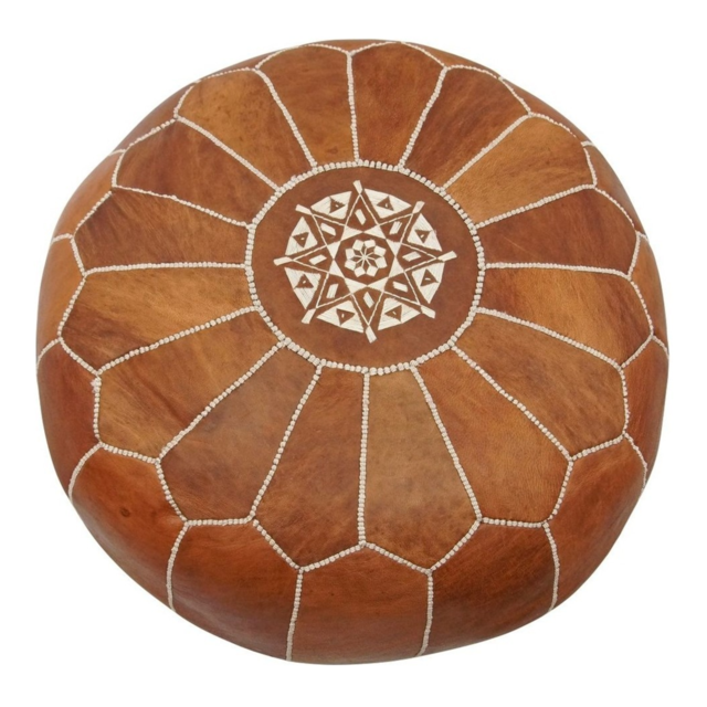 Stuffed Moroccan Leather Pouf, Rustic Brown