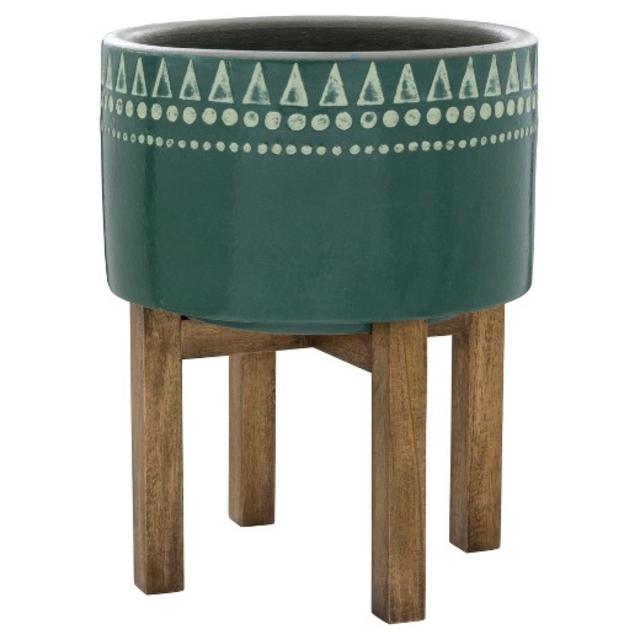 Earthenware Wood Base Planter - Green - Threshold™