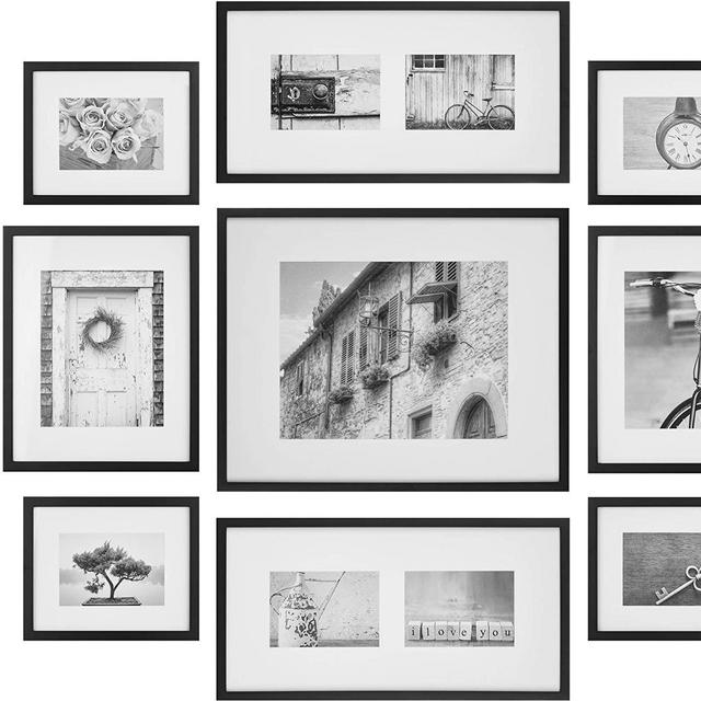Gallery Perfect 9 Piece Black Photo Frame Gallery Wall Kit with Decorative Art Prints & Hanging Template