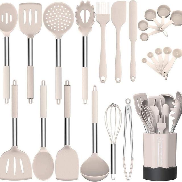 Silicone Cooking Utensil Set, Fungun Non-stick Kitchen Utensil 24 Pcs Cooking Utensils Set, Heat Resistant Cookware, Silicone Kitchen Tools Gift with Stainless Steel Handle (Khaki-24pcs)