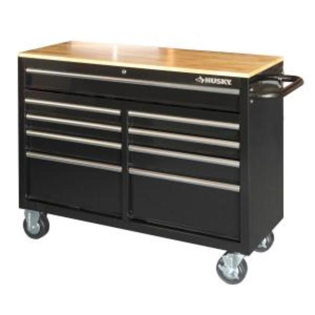 46 in. 9-Drawer Mobile Workbench with Solid Wood Top, Black