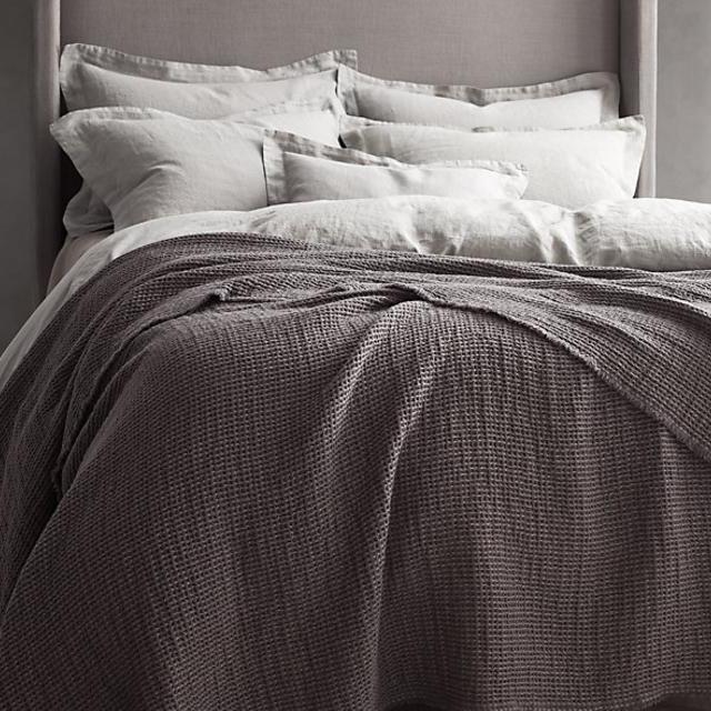 Linen-Wool Waffle Weave Oversized Bed Throw- Graphite