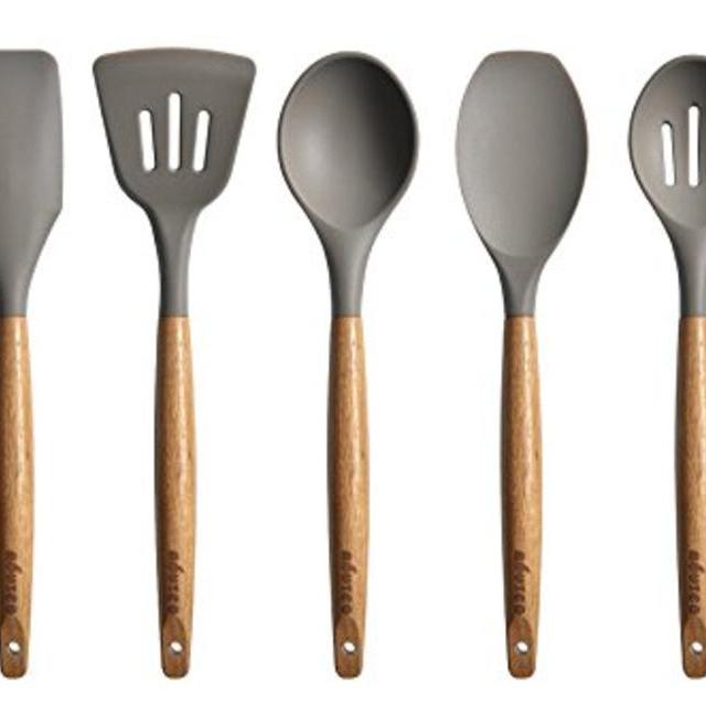 Miusco 5 Piece Silicone Cooking Utensil Set with Natural Acacia Hard Wood Handle