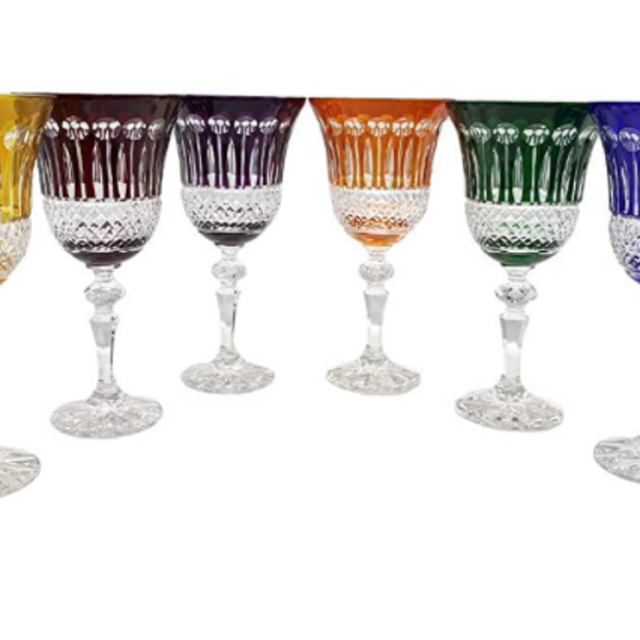 6 Glasses for Red/White Wine Water Colored Crystal - 6 Colors Assortments - Roemer Service Diamant (22cl) - Klein House - Company : Artisan du Cristal - Gift Set - Stamp : Klein 54120 Baccarat France