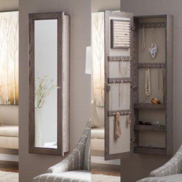 Wall Mounted Locking Mirrored Jewelry Armoire - Driftwood