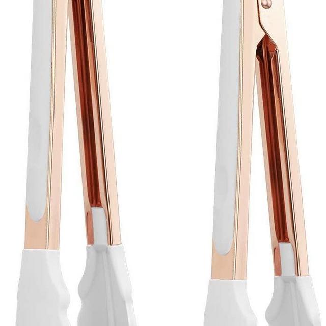 COOK with COLOR Stainless Steel Silicone Tipped Kitchen Food BBQ and Cooking Tongs Set of Two 9” and 12” for Non Stick Cookware, BPA Fee, Stylish, Sturdy, Locking, Grill Tongs, Rose Gold and White