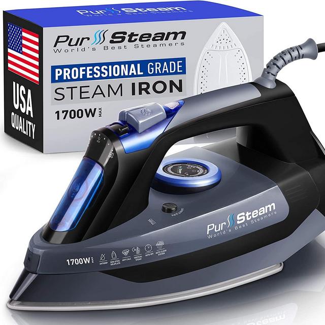 Professional Grade 1700W Steam Iron for Clothes with Rapid Even Heat Scratch Resistant Stainless Steel Sole Plate, True Position Axial Aligned Steam Holes, Self-Cleaning Function