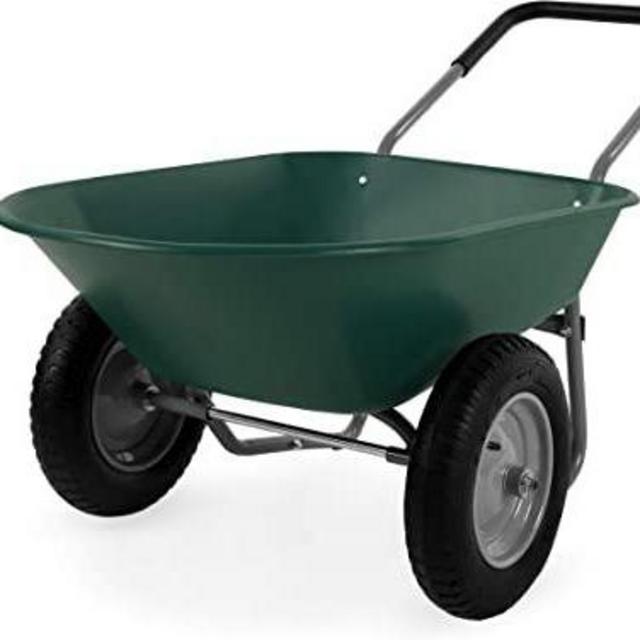 Dual-Wheel Home Utility Yard Wheelbarrow Garden Cart w/Built-in Stand for Lawn, Gardening, Grass, Soil, Bricks, and Construction, Green