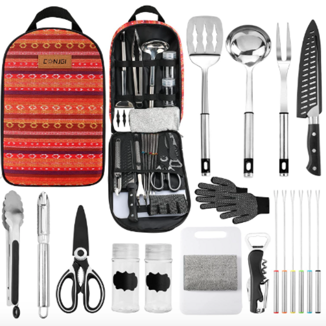 Portable camping utensils cooking set - 19pcs camping cookware nonstick set camping kitchen accessories camping gifts Camping Kitchen Equipment for Tent Campers