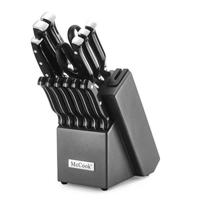 McCook MC25 14 Pieces FDA Certified High Carbon Stainless Steel kitchen knife set with Wooden Block, All-purpose Kitchen Scissors and Built-in Sharpener(Graphite Block)