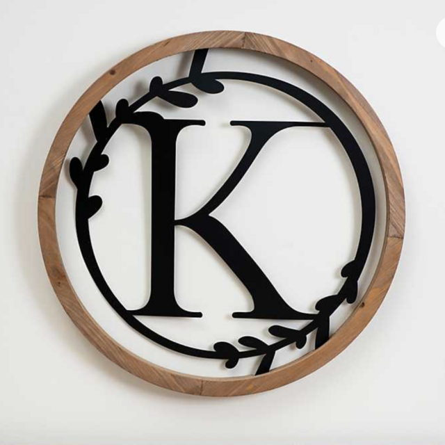 Wood and Metal Laurel Monogram K Plaque