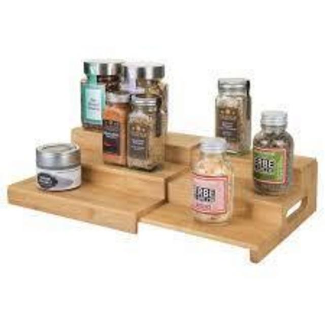mDesign Adjustable, Expandable Kitchen Bamboo Storage Cabinet, Cupboard, Food Pantry, Shelf Organizer Spice Bottle Rack Holder - 3 Level Storage - Up to 30 Inches Wide - Natural