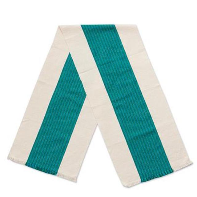 Turquoise and Green Accent Handwoven Ivory Table Runner, 'Cancun Caribbean'