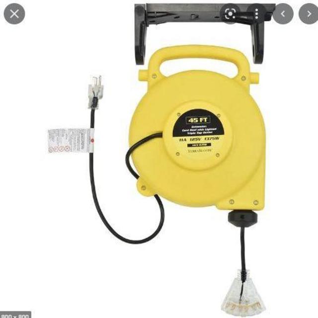 TerraBloom 25 Ft Retractable Extension Cord Reel - 2 In 1 Mountable & Portable Power Cord Reel with 3 Electrical Outlets - 14/3 SJTW Heavy Duty Yellow Case and Black Cable With Lighted Power Block