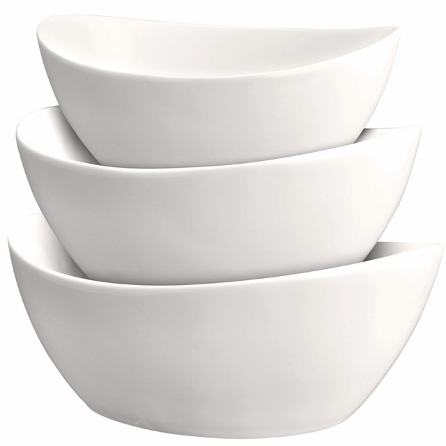 3 Piece Serving Bowl Set – Elegant White Porcelain Salad Bowls for Fruit, Salad, Pasta and Soup - Food Server Display Dishes for Party or Display - 24 oz. 34 oz. and 44 oz. - by DécorDine