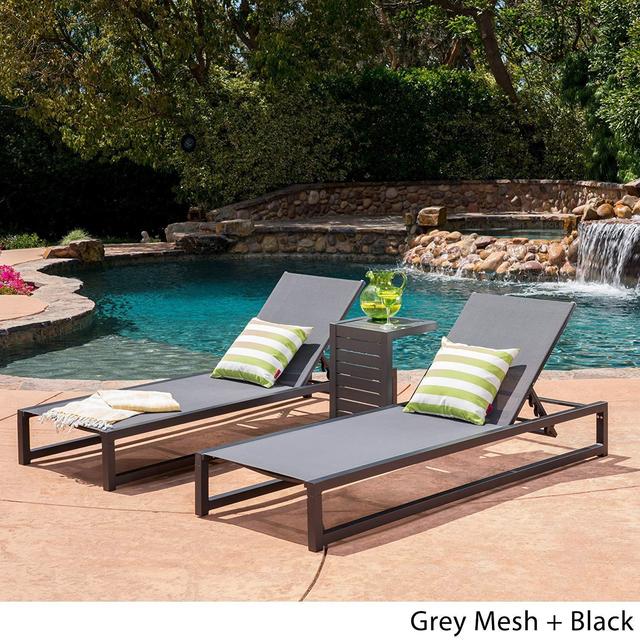 Outdoor Mesh Chaise Lounges with Matching Table (Set of 2 Lounges)