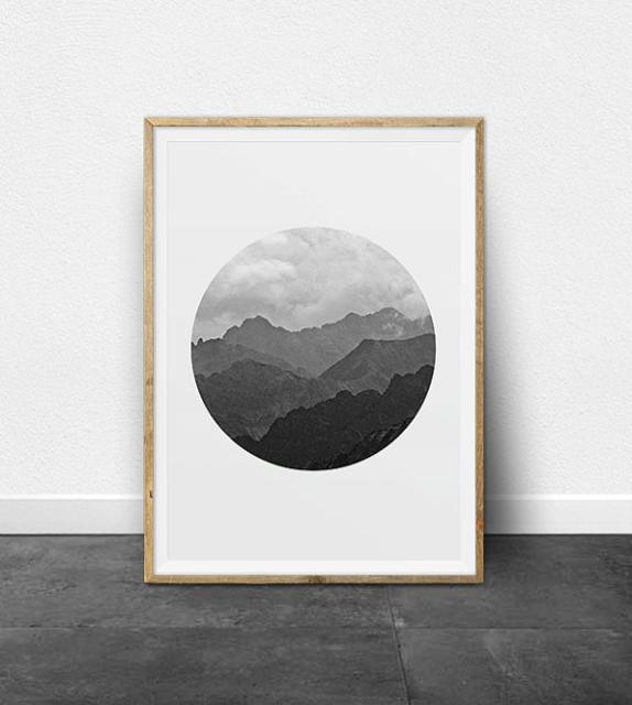 Black and White Photography, Printable Art, Mountain Range, Ombre Effect, Circle Print, Minimalist Art, Printable Wall Decor, Shades of Gray