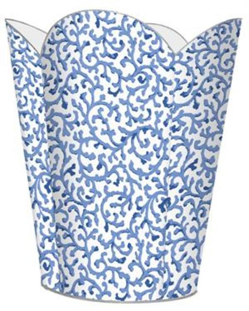 WB37-Blue Waverly Scroll Wastepaper Basket (11" Wood Scalloped Top)