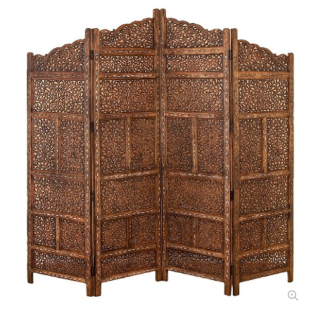 Carved Wood 4 Panel Room Divider Screen Brown Red