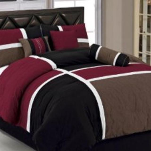 Chezmoi Collection 7-Piece Quilted Patchwork Comforter Set, Full, Burgundy/Brown/Black