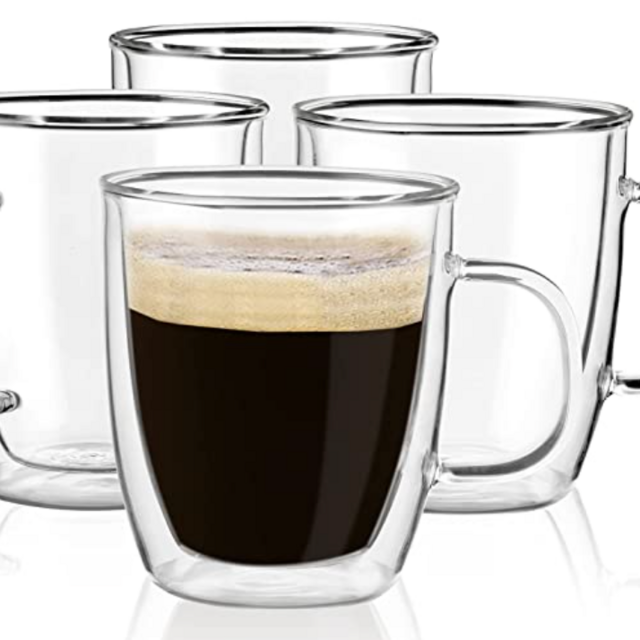Double Wall Glass Coffee mugs, (4-Pcak) 12 Ounces-Clear Glass Coffee Cups with Handle,Insulated Coffee Glass,Cappuccino Cups,Tea Cups,Latte Cups,Beverage Glasses Heat Resistant