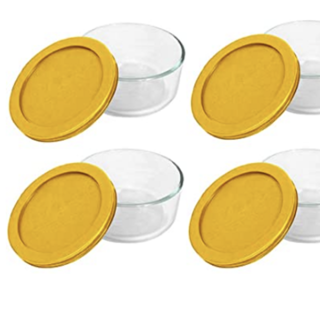 Pyrex Storage Plus 2-Cup Round Glass Food Storage Dish, Yellow Cover (6 Pack)
